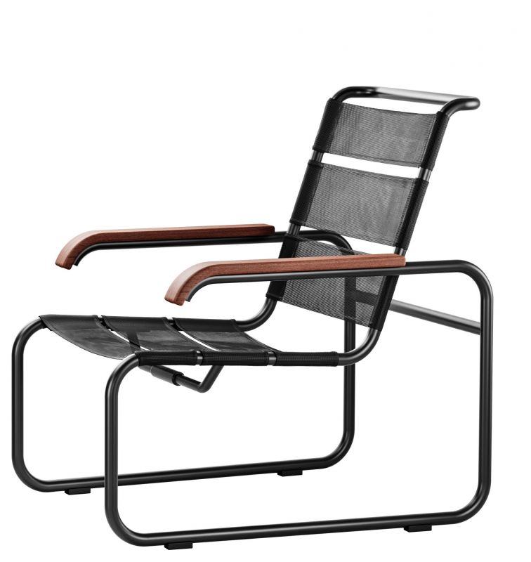 S 35 N Thonet Sessel für den Außenbereich: Schwarzes Stahlrohrgestell mit Holzarmlehnen und Netzbespannung.